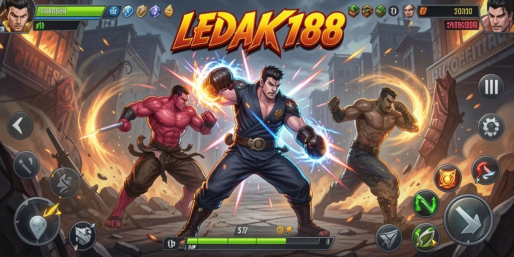 Tampilan gameplay LEDAK188 dengan karakter bertarung di arena.