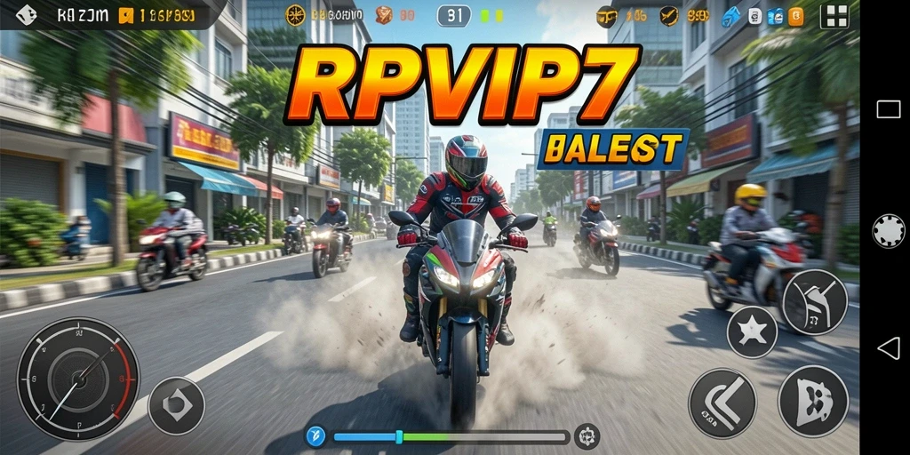 Screenshot dari gameplay RPVIP7 menampilkan balapan motor yang mendebarkan.